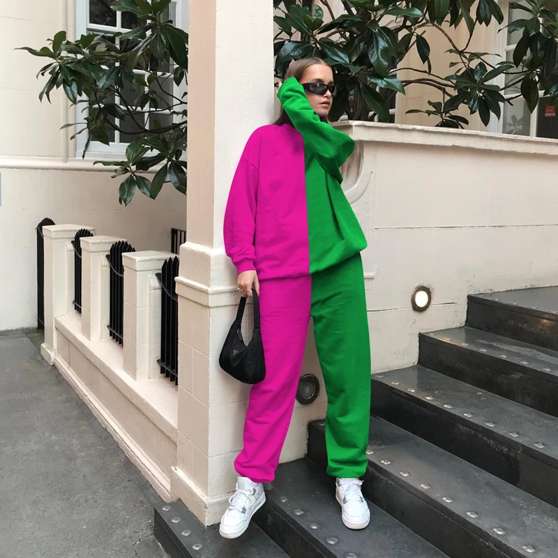 

ZOOEFFBB Loose Two Piece Set Winter Clothes Women Long Sleeve Top and Hight Waist Pants Outfits Lounge Wear Color Matching Sets