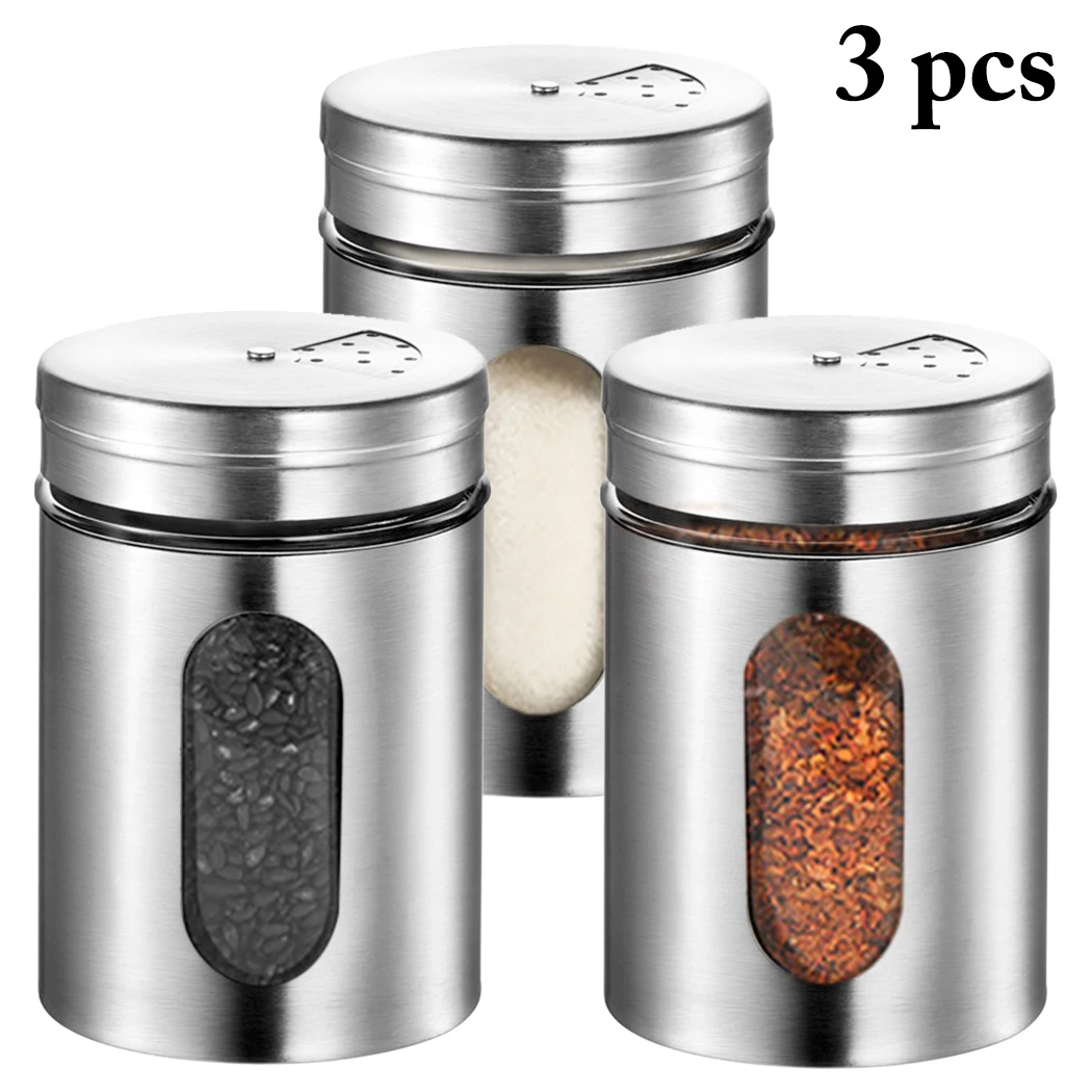 

3PCS Seasoning Bottle Stainless Steel Rotatable Pepper Spice Shaker Salt Seasoning Kitchen Storage Container Condiment Bottle