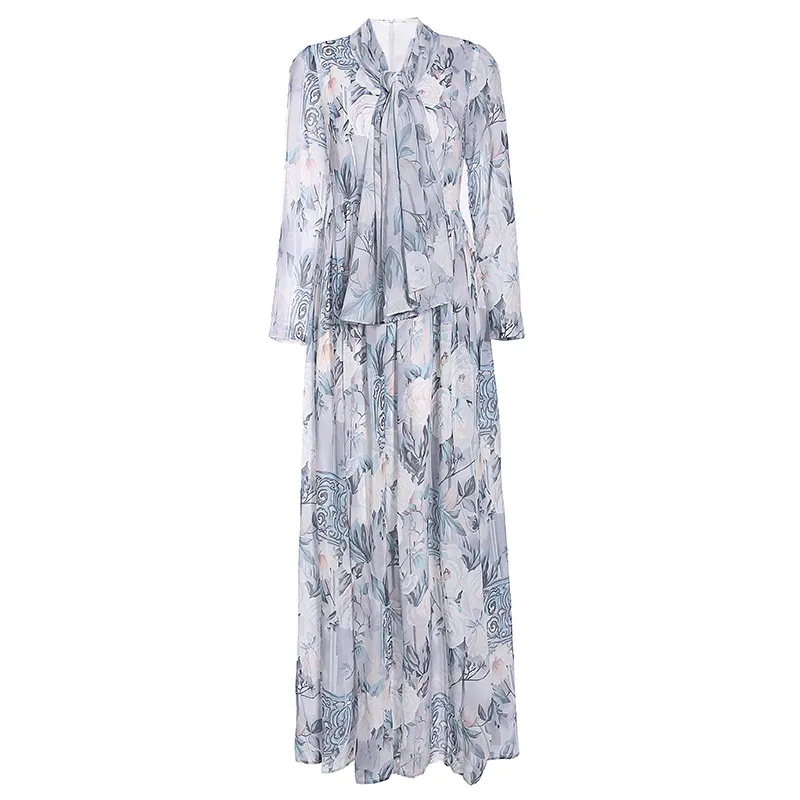 

Seifrmann Summer Women Fashion Designer Boho Holiday A-line Dress Long Sleeve Bow High Waist Floral Print Maxi Long Dresses 2021