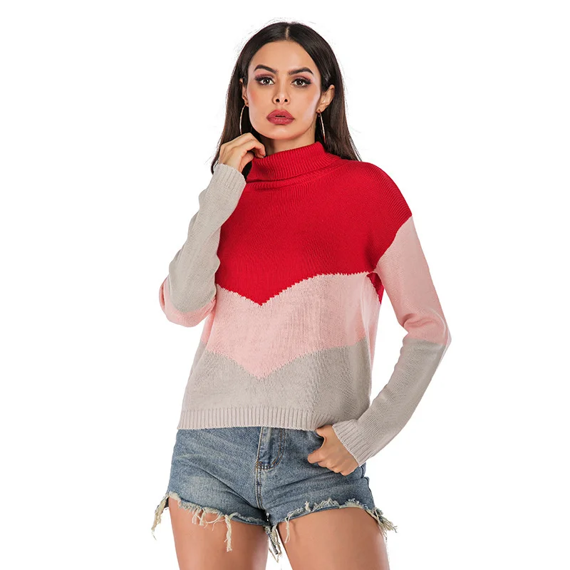 

2021 Autumn New Color Blocking High Neck Knitted Long Sleeve Bottomed Sweater For Women Fashion Tops