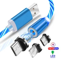 3in1 magnetic flow luminous lighting charging mobile phone cable cord charger wire for samaung led micro usb type c for iphone