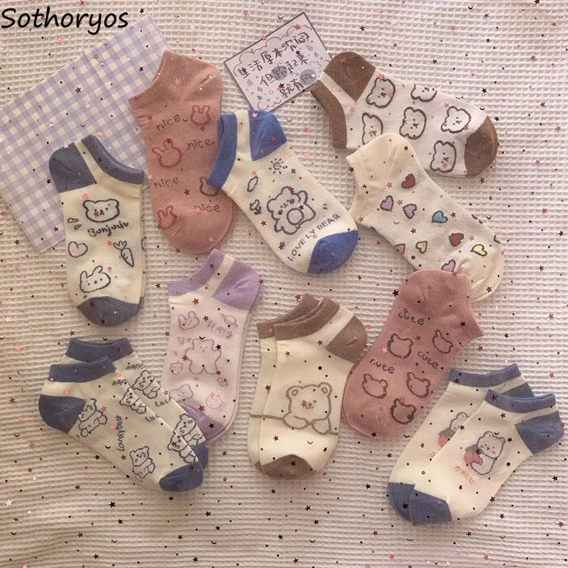 

Women Socks Low Tube Summer Thin Casual Cute Girls Bear Print Happy Kawaii Japanese Funny Breathable Fashion Retro Pile Vintage