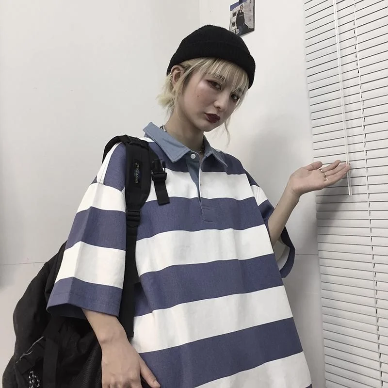 Толстая полосатая рубашка-поло трендовая японская Универсальная футболка-поло в