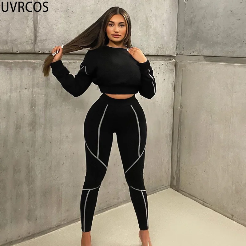 

UVRCOS Striped Decoration Knitted Two Piece Set Women Fall 2021 Womens Fashion Sexy Long Sleeve Tops+Stretch Trousers Tracksuits