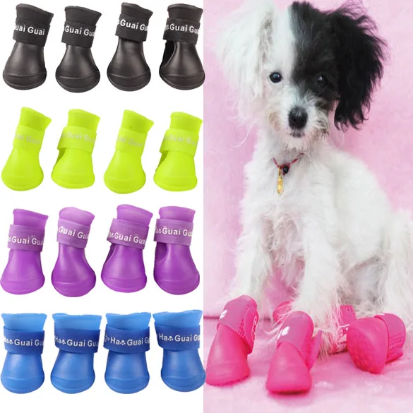 

4 Pcs Waterproof Pet Boots Dog Protective Rubber Rain Shoes Candy Color REME889