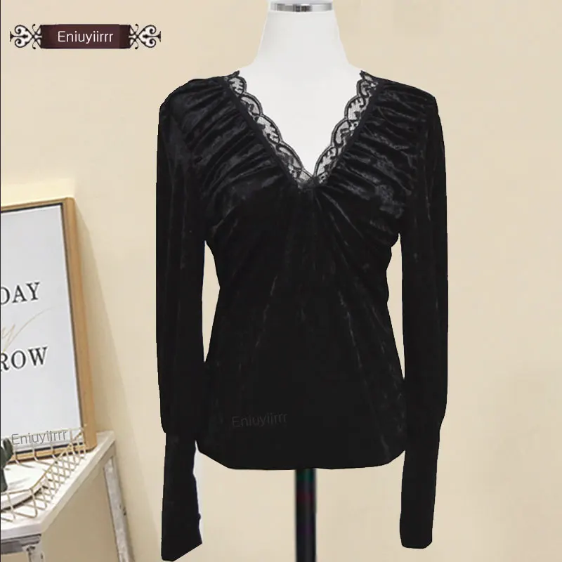 

2020 Women Spring Sexy Tops Hollow Out Vintage Black White Lace V Neck Shirts Blouses Korea Style Clothes E1208