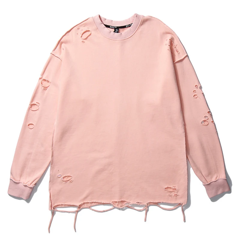 Мужские рваные толстовки с дырками из 100% хлопка пуловер оверсайз длинным рукавом