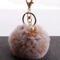 new women fur key chain car keychain pom pom 8cm rex rabbit fur pompom 13 colors with pearl bag charm cute car key ring jewelry