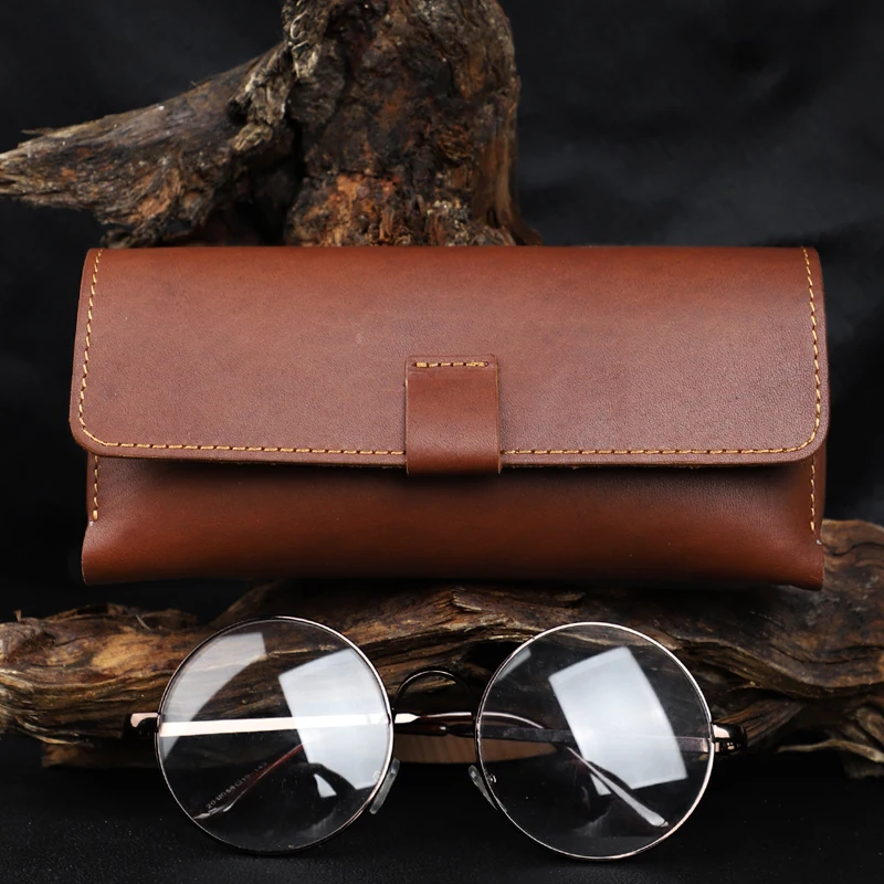 Handmade Genuine Leather Sunglasses Holder Case Eyeglasses Display Box  Storage Glasses Pouch Cowhide Glasses Button Buckle Bag