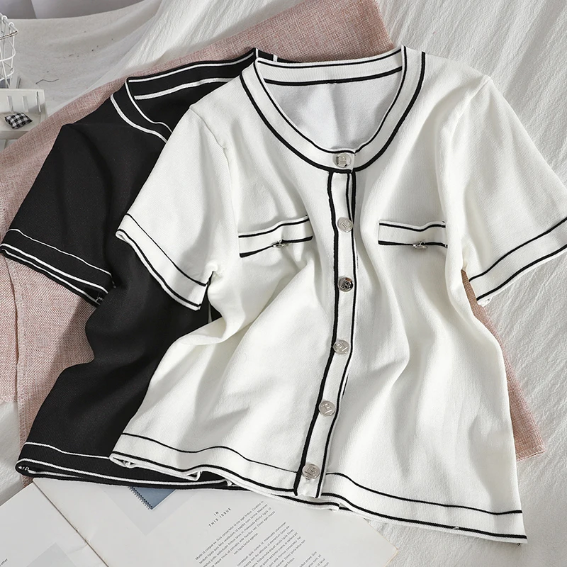 

Contrasting side small cardigan women's summer new buttoned Korean short-sleeved sweater comfortable all-match blouse