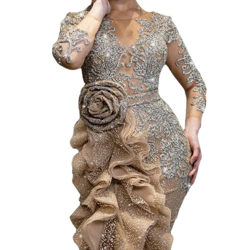 

Women Dress Party Sequin Slim Dresses Bow Long Sleeve Banquet O-neck Lady Mesh Elegant Long Dinner Dress