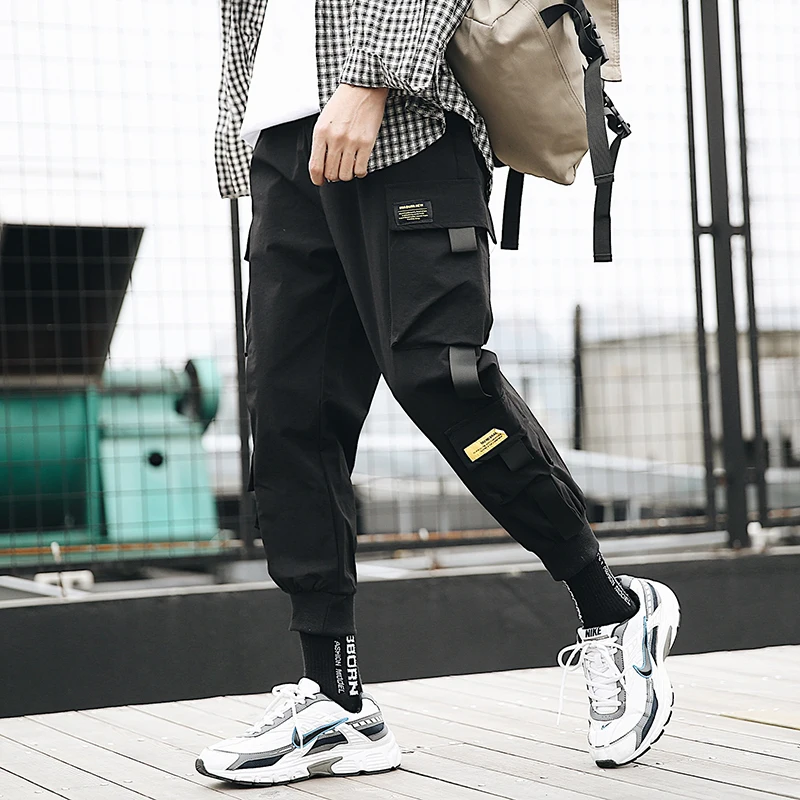 

2021Ready StockBlack Harem Pants Men Spring New Mens Jogger Pants Streetwear Ribbons Sweatpants Cargo Ankle-length Men trousers
