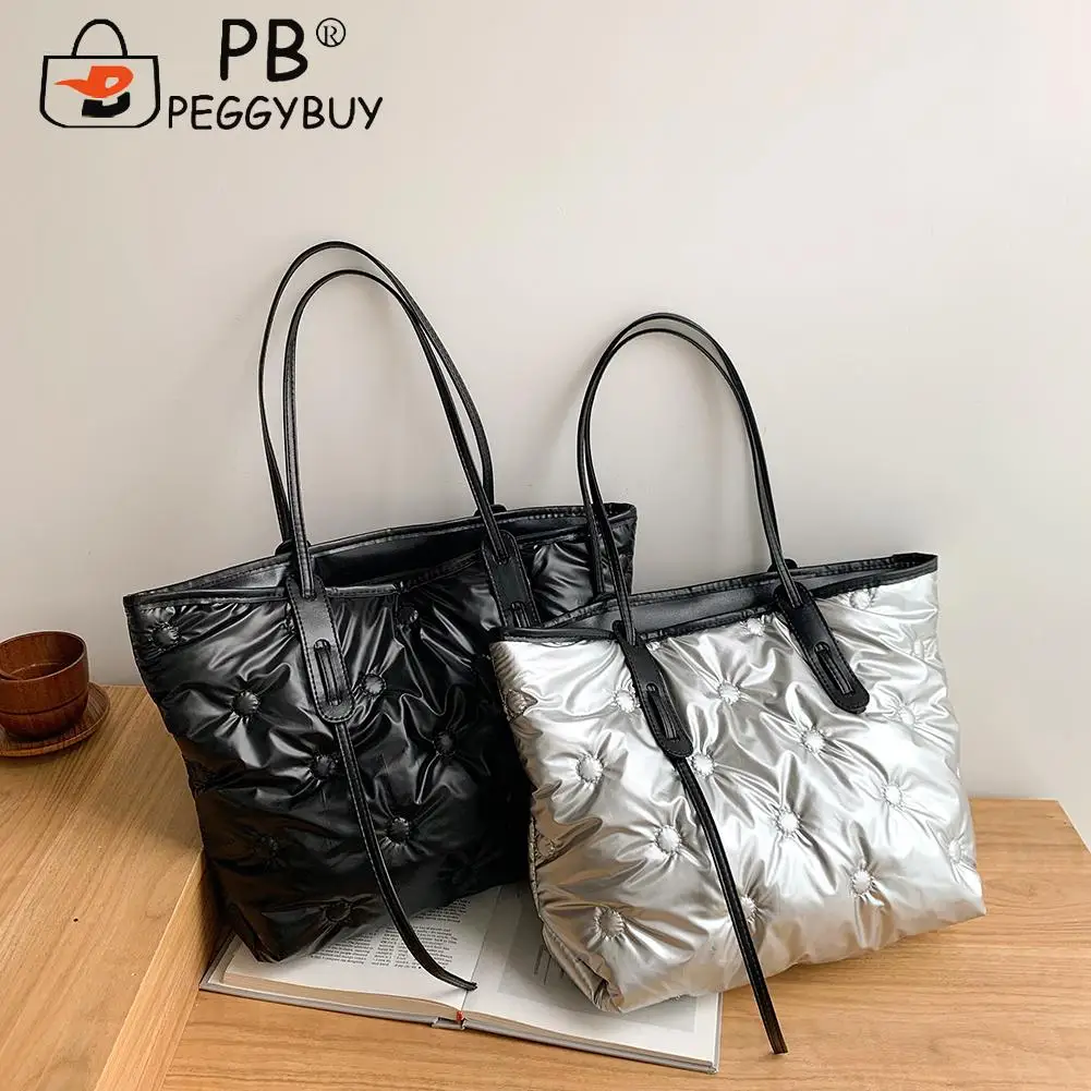 

Women Fashion Cotton Solid Color Large Capacity Handbag Causual Lady Autumn Winter Lattice Pattern Nylon Shoulder Tote Bags