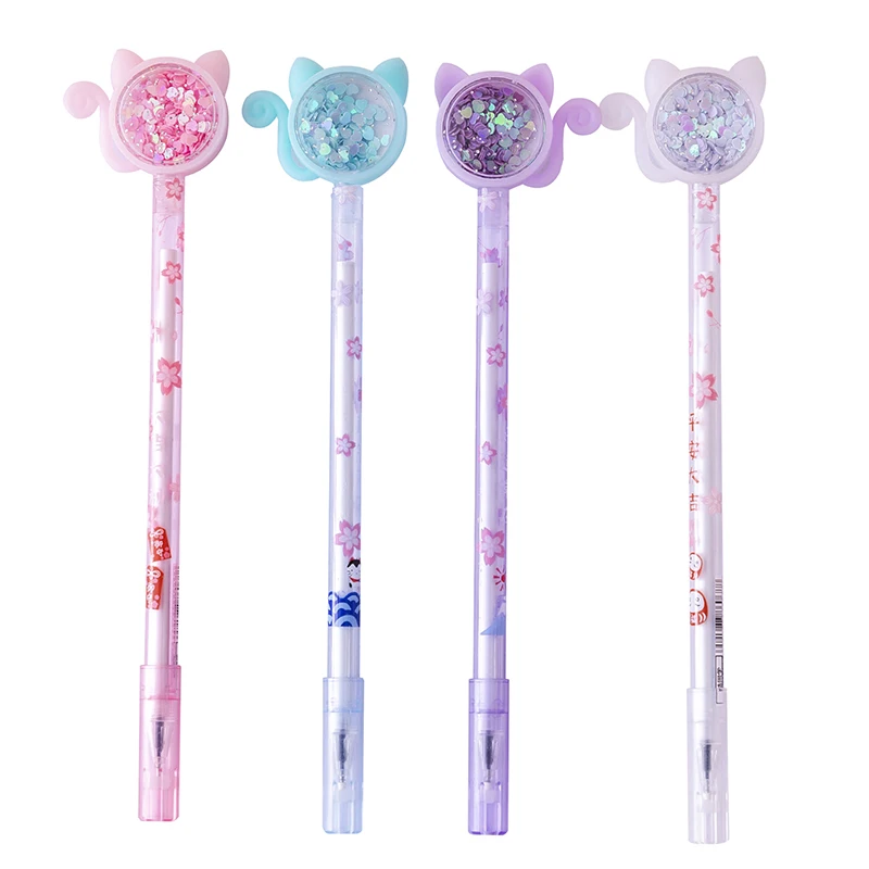 Transparent Cat Sequins Gel Pen 0.5mm Pens Stationery Student Cute Signature School Office Supplies Writing Tools | Канцтовары для