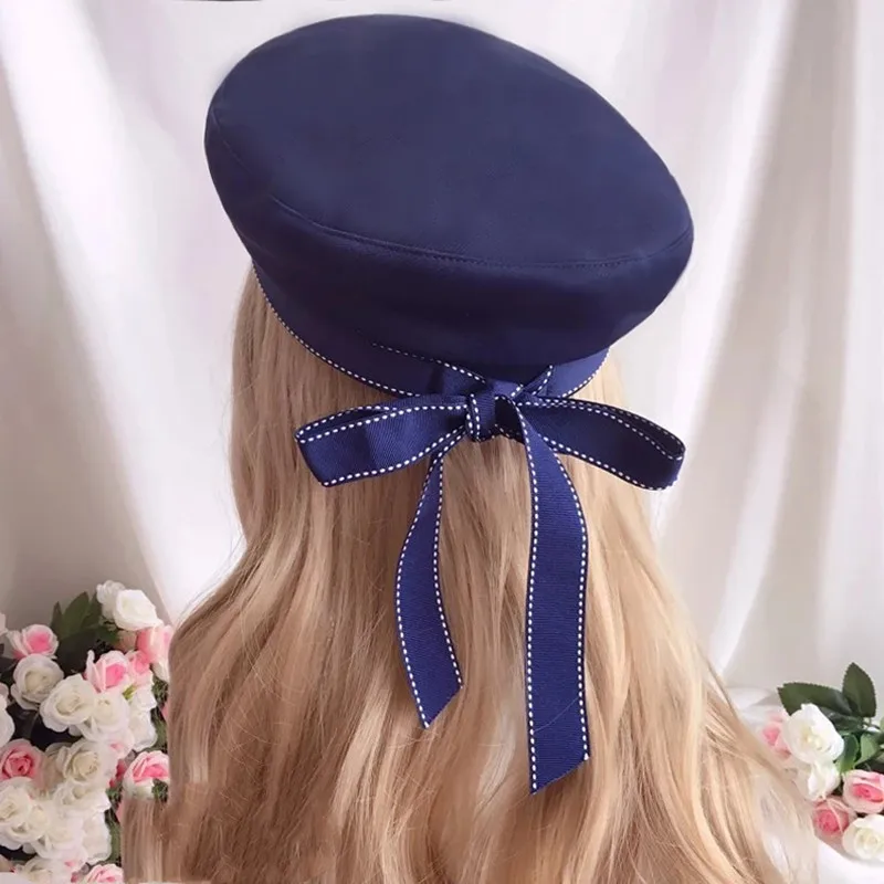 Girl Heart Soft Sister LOLITA Bow Ribbon Navy Wind Beret All-match Blue And White Hat Cosplay Performance Handwork Hair Hat Girl