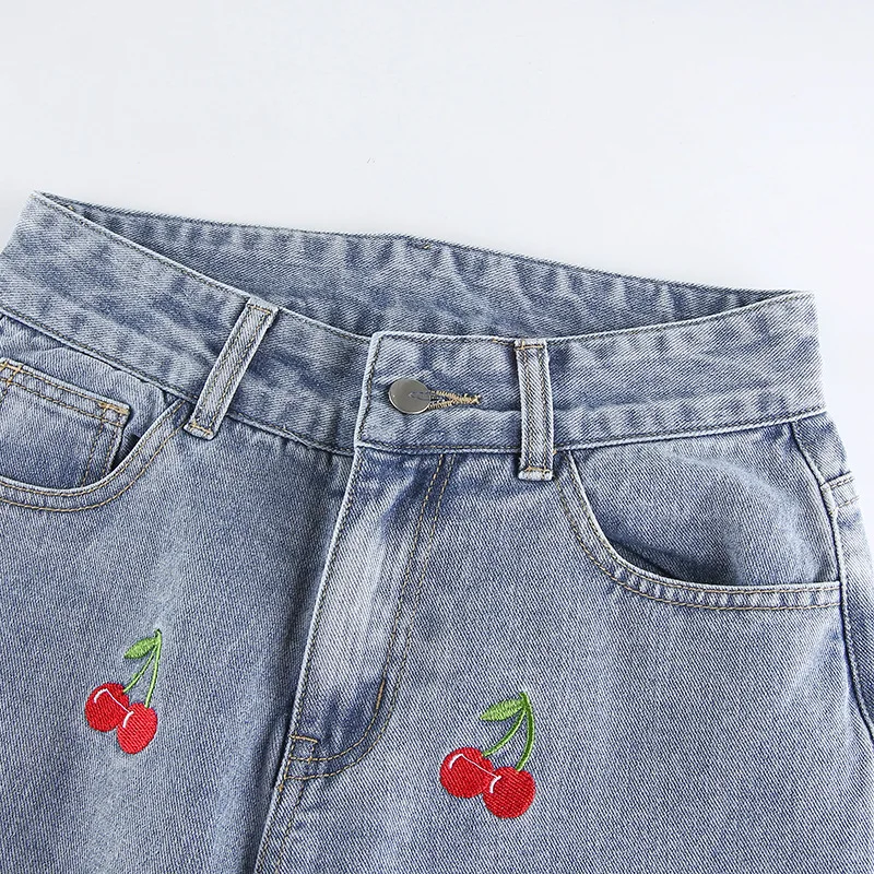 

Cherry Embroidered Women's Jeans High Waist Casual Pencil Pants 2020 New European and American Style High Street Woman Jeans