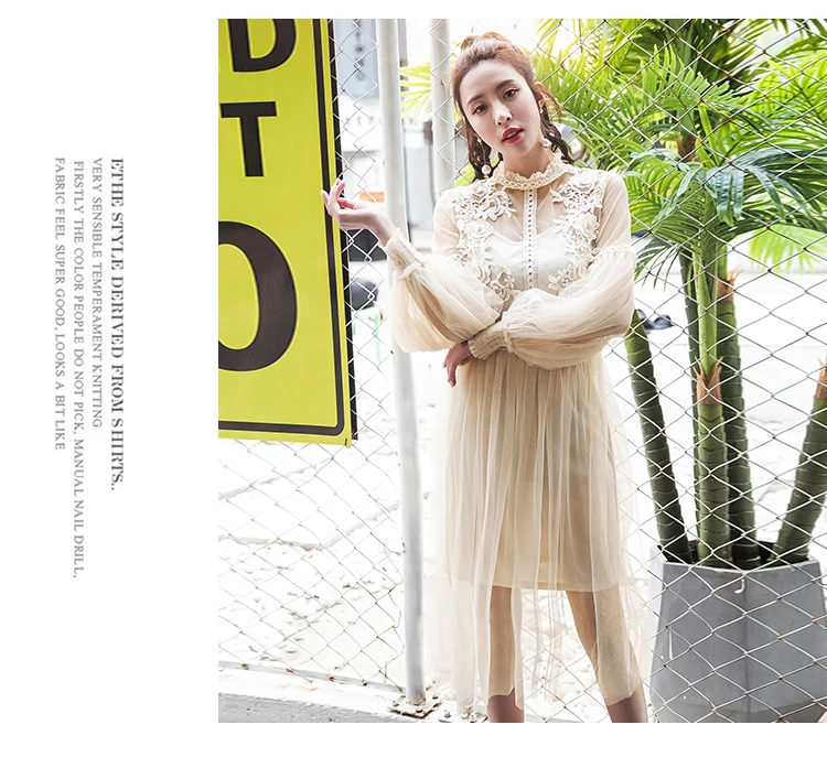 2019 New Women Fashion Dress Stand Collar Lantern Sleeve Mesh See-through Lace Embroidery Fairy Femme Vestidos Robe | Женская одежда