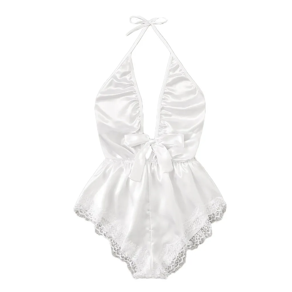 

Women V-Neck Lace Stain Bow Lingerie Bodysuit Sleepwear Pajamas Silk Jumpsuit sexy onesies for adults Q1