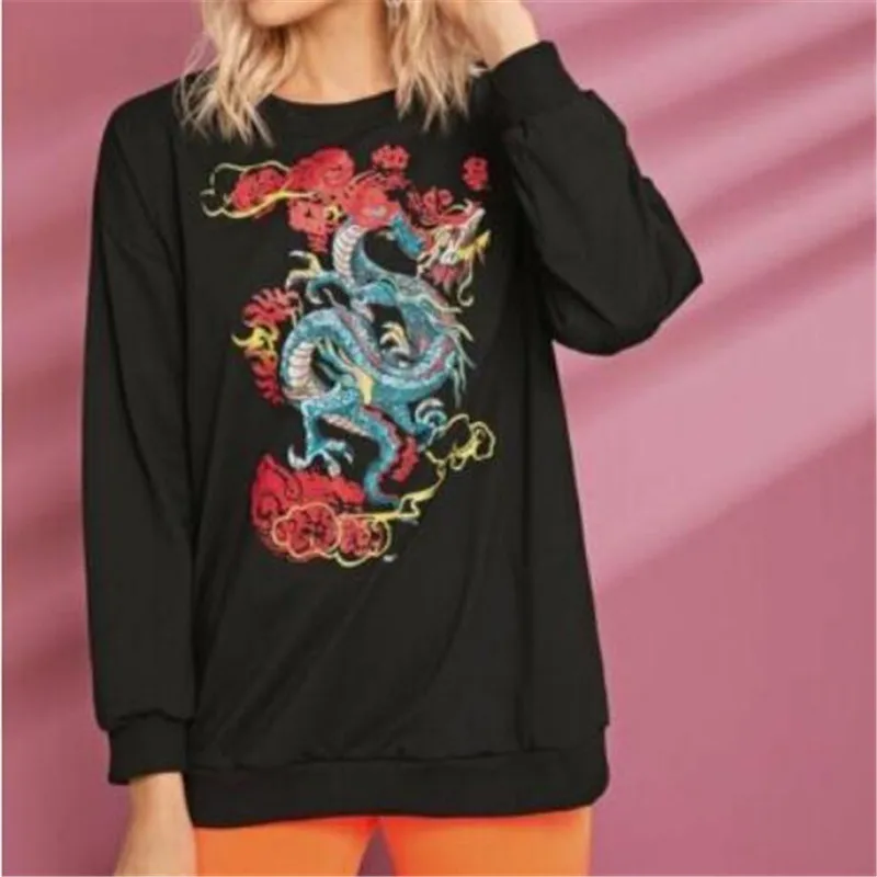 

Женские повседневные топы, одежда, новинка, Модный свитшот с длинным рукавом и цветочным принтом дракона, женские повседневные Пуловеры сво...
