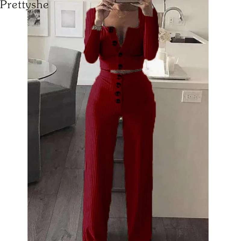 

Prettyshe 2 Two Piece Set Women Ribbed O Neck Crop Top Long Pants Set Sexy Autumn Short Sleeve Tracksuit Conjunto Feminino