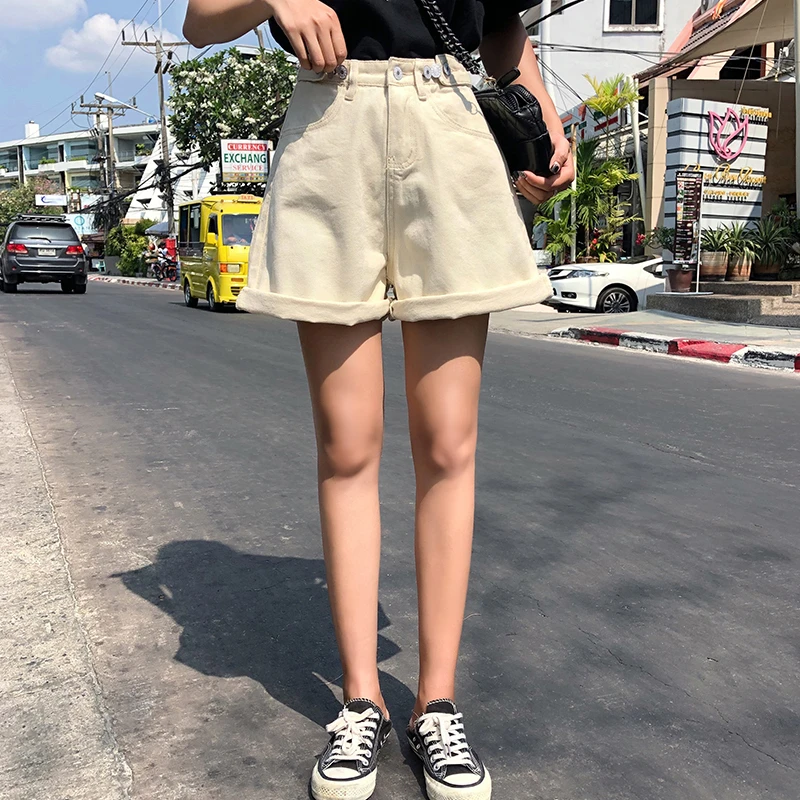 

Streetwear womens shorts button denim high waist short harajuku denim fold wide legs blue shorts hot sale 2020 summer
