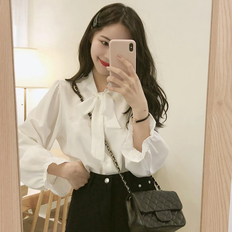

Sleeve V-neck Korean Style Sweet Elegant Draped Office Ladies Spring Leisure Chic Women Blouses Chiffon White Shirts Bow Flare