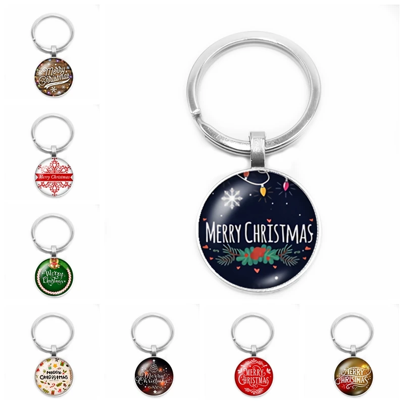 

2019 New Christmas Happy Key Ring Children Christmas Gift Key Ring 25mm Glass Convex Round Key Ring Children Gift Jewelry