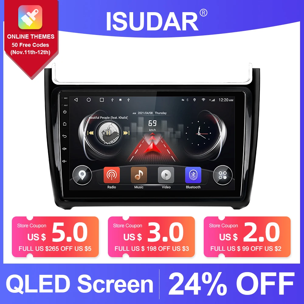 ISUDAR T72 QLED Android 10 Car Radio For VW/Volkswagen/POLO Sedan 2009-2017 Car Multimedia RAM 8GB 4G Camera DSP carplay No 2din