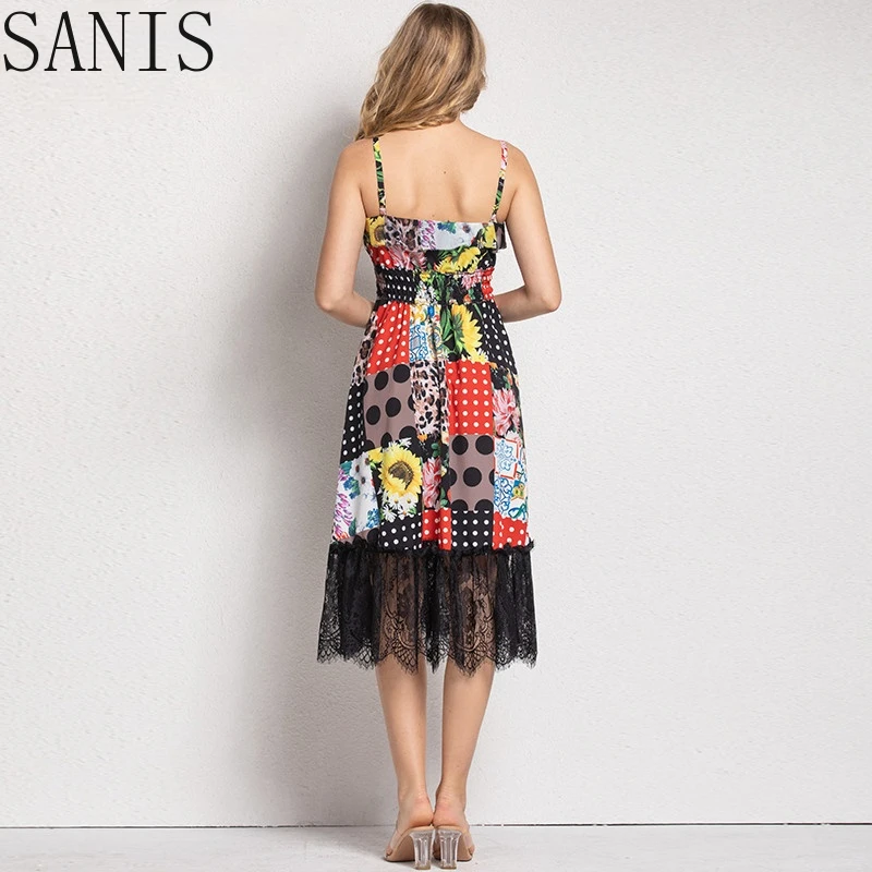 

Sanis Fashion Dress Summer Women's dress spaghetti strap Dots Floral Print Lace Bohemia Vacation Dresses
