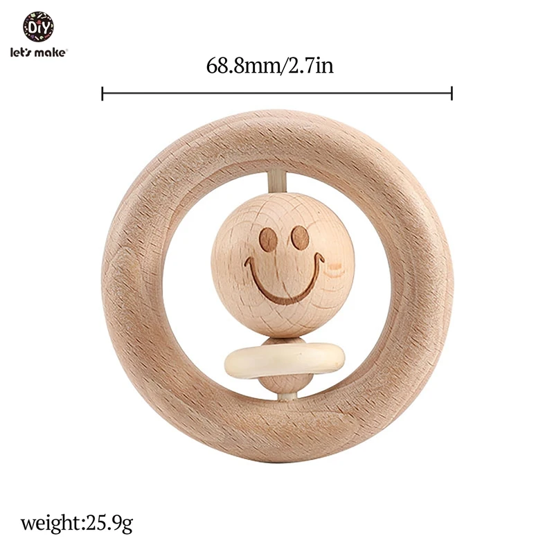 Let's Make Baby Wooden Rattle Bed Bell Wooden Ring 70mm/80mm Beech Wood Smiley Face 1PC Educational Toys Rattles For Newborns