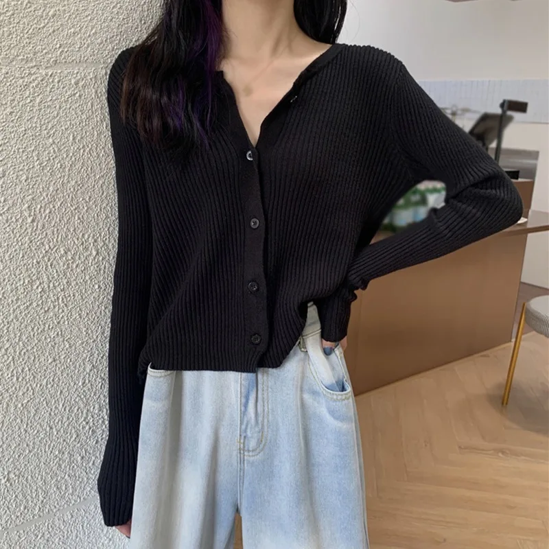 

Casual Cardigan Sweater Blouse Tops Women Korean Style Knitting Cardigan Button Long Sleeve Fall Outfits Solid Color