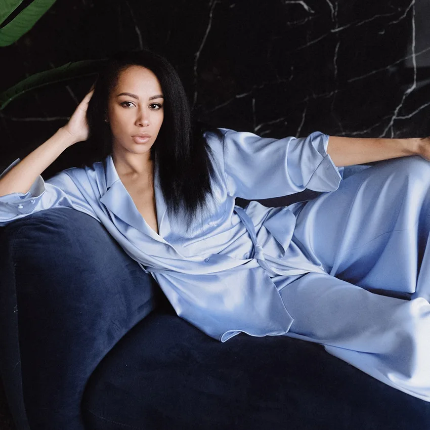 Women Satin Pajama Set Elegent Glossy Sleepwear Loungewear Silk-like Long Sleeve Robe & Loose Pants Nightwear Ladies Homewear