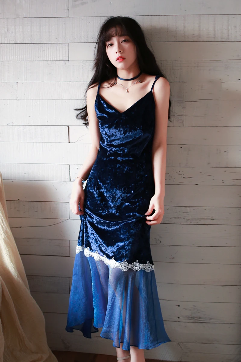 

Faustian spring dress with golden velvet V-neck suspender and mid length fishtail skirt