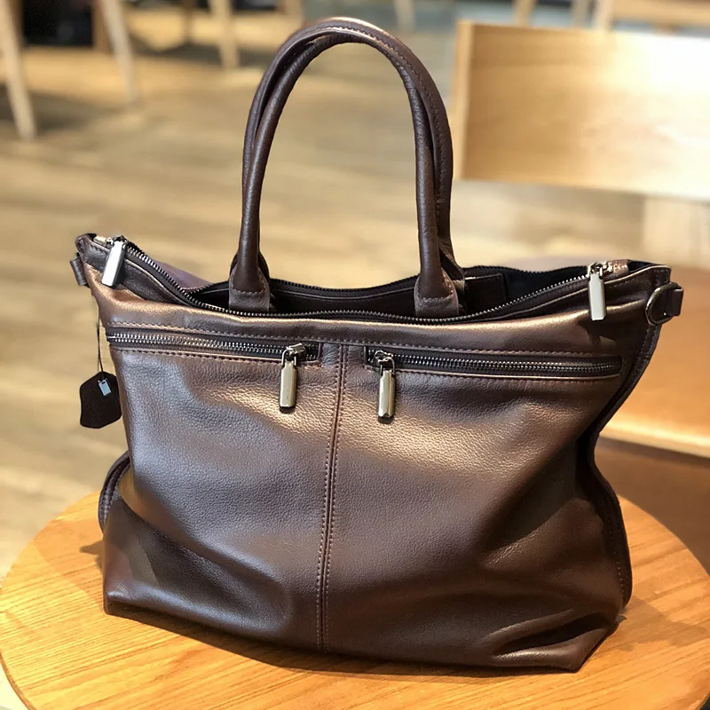 Business Briefcase Women Genuine Leather Tote Vintage Messenger Bag Man Laptop Office Bags Unisex Shoulder Bag Large Capacity