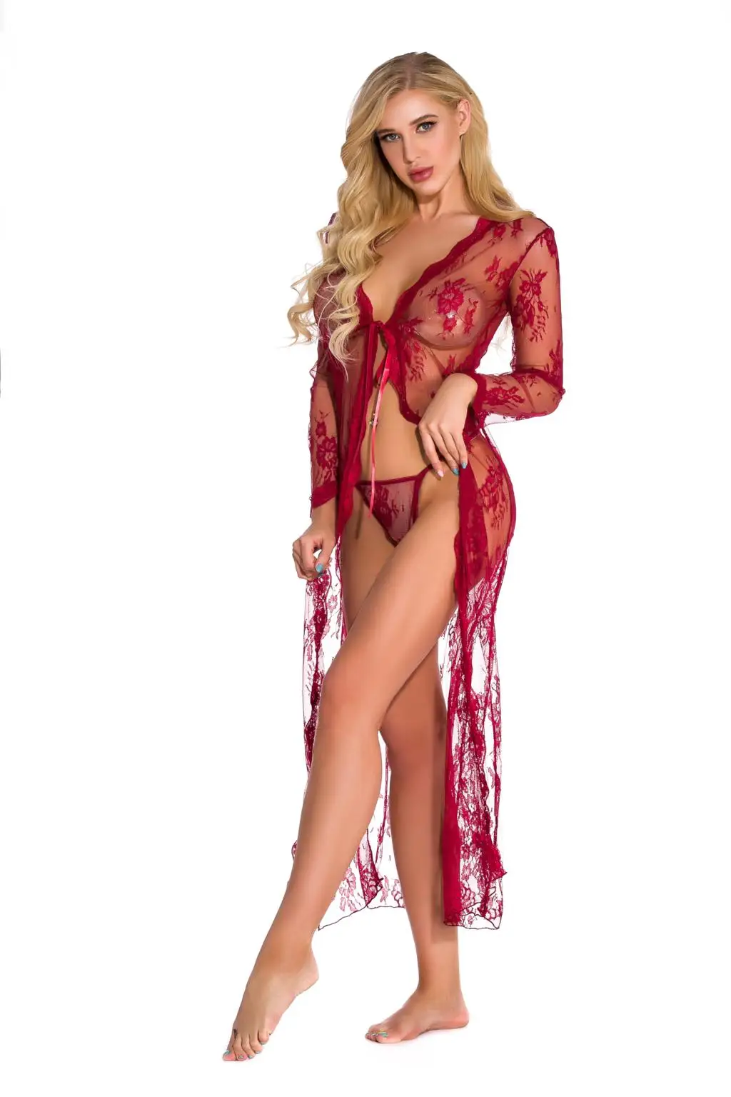 

Plus Size Women's Sexy Lace Dress Long Lingerie Sheer See Through Robe Set With G String Dress Robe