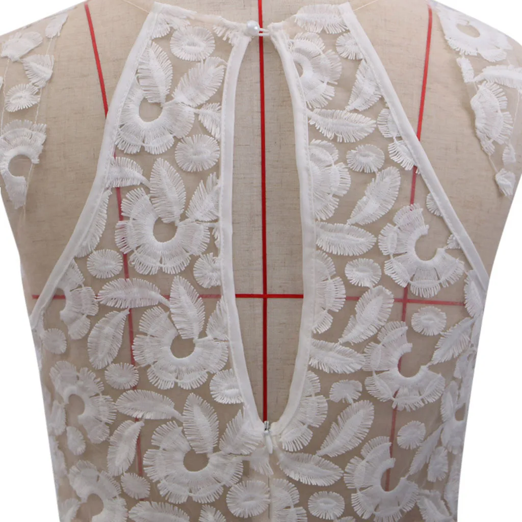 

Fit And Flare White Maxi Dress Women Elegant Applique Party Dresses Summer Sleeveless O-Neck High Split Dress Vestidos