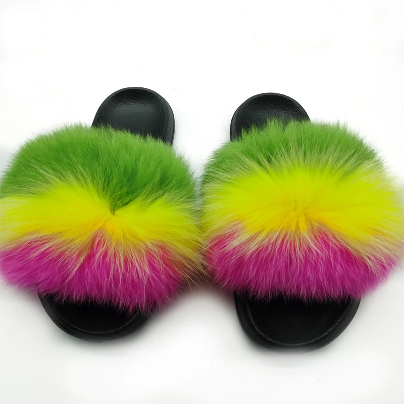 

Женские зимние Шлепанцы из лисьего меха, красивые Плюшевые Пушистые меховые сланцы, модные дизайнерские шлепанцы на плоской подошве для де...