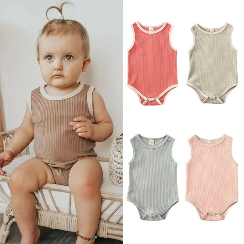 

2020 New Baby Summer Clothing Infant Baby Boy Girl Plain Bodysuit Sleeveless Summer Ribbed Cotton Home Outfits Jumpsuit 3M-24M