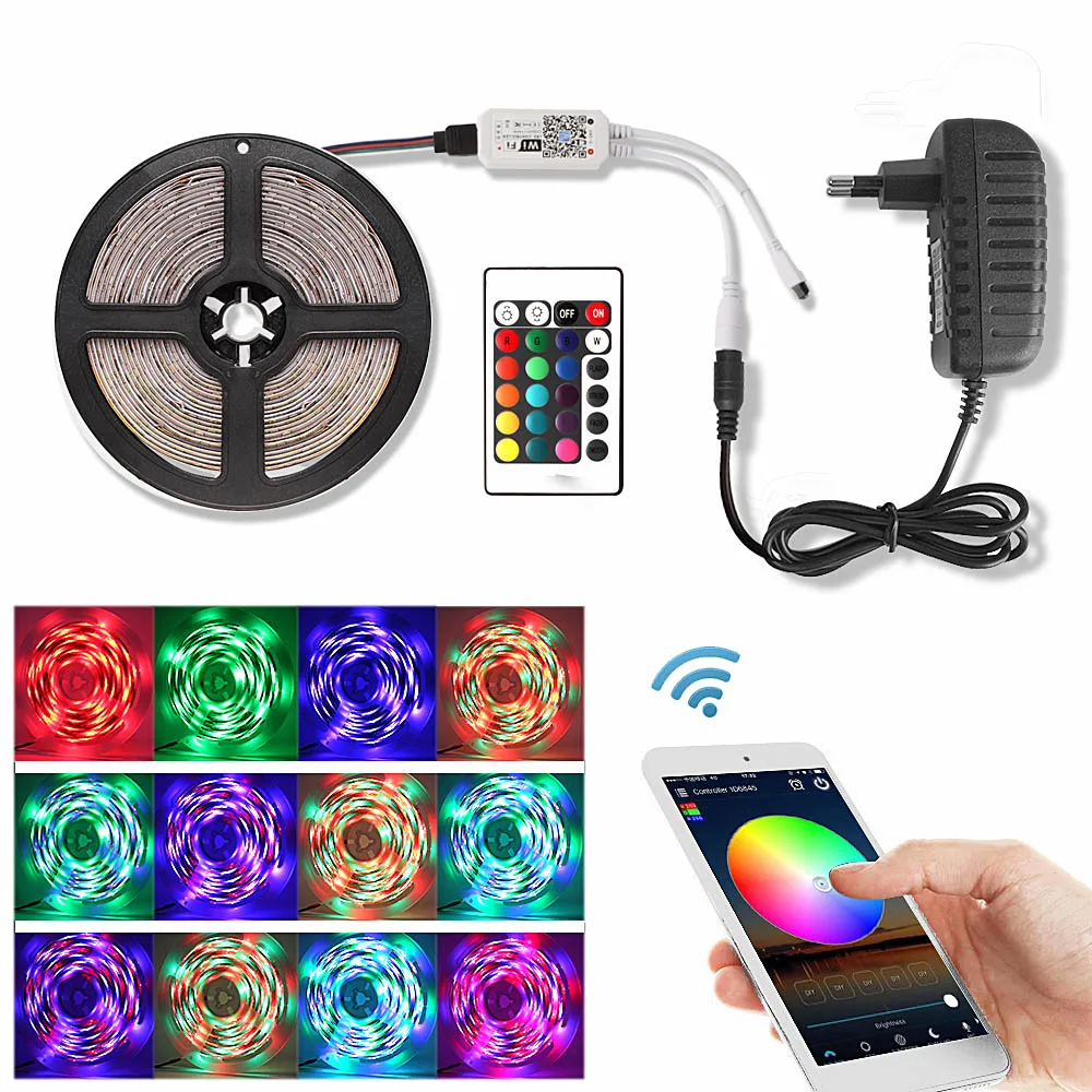 WI-FI Светодиодные ленты Водонепроницаемый 2835 5M RGB ленты Тира Светодиодные ленты 220V неоновая лента светильник+ 24Key пульт дистанционного управления 12V Мощность адаптер в комплекте