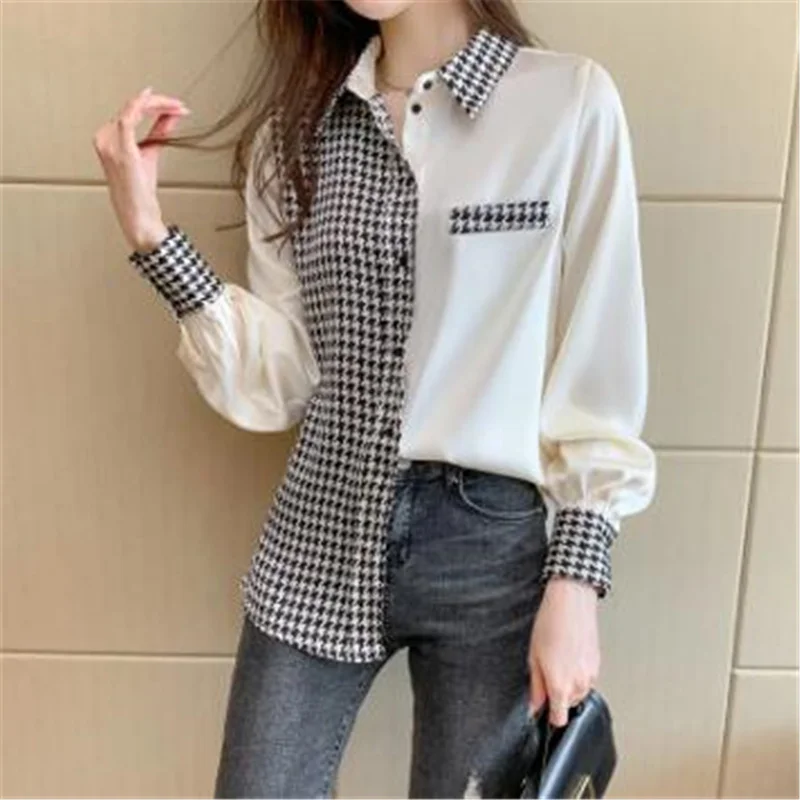 

Contrast Plaid Stitching Blouses Women Shirts New Chiffon Shirt Lapel Button Lantern Sleeves Office Lady Blouse Casual Shir