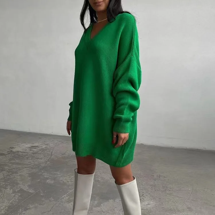 

Y2K Knitted V Neck Vintage Green Pullovers Loose Winter Long Sleeve Sweater Dress 2021 Party Casual Sexy Club Sweater Tops New