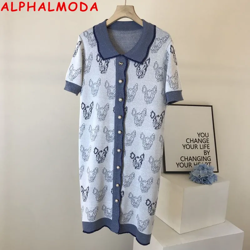 

Женское трикотажное платье ALPHALMODA, однобортное с отложным воротником и короткими рукавами, вязаное Облегающее с кошкой, 2021