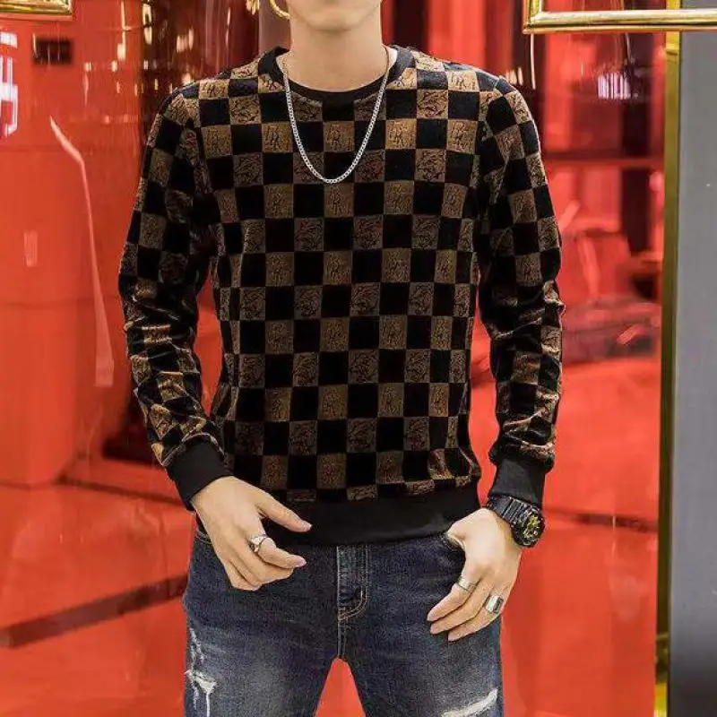 

Клетчатый бархатный свитер в европейском и американском стиле, роскошная дизайнерская одежда, мужская осенне-зимняя одежда, Мужской Топ в клетку, пуловер, уличная одежда