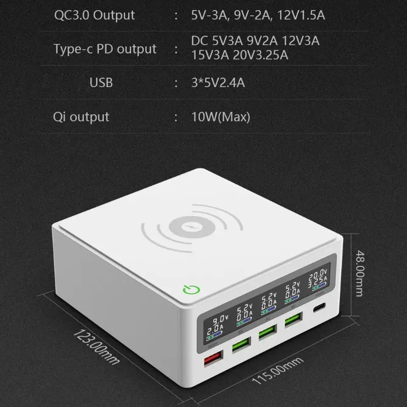 

5-Port QC3.0 USB Type C PD 65W Power Adapter Qi Wireless Charger Cellphone Fast Charger Station For Laptop Mobile Phone N1HD