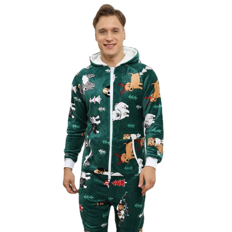 Winter Flannel Warm Sleepwear 2021 New Christmas Print One-piece Men's Pajamas Set Homewear