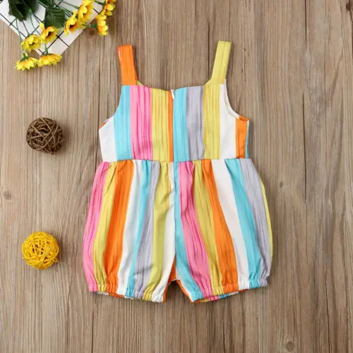 

0-24M Cute Newborn Baby Girls Sleeveless Striped Bowknot Sleeveless Bodysuit Jumpsuit Outfits SunsuitRainbow skirt