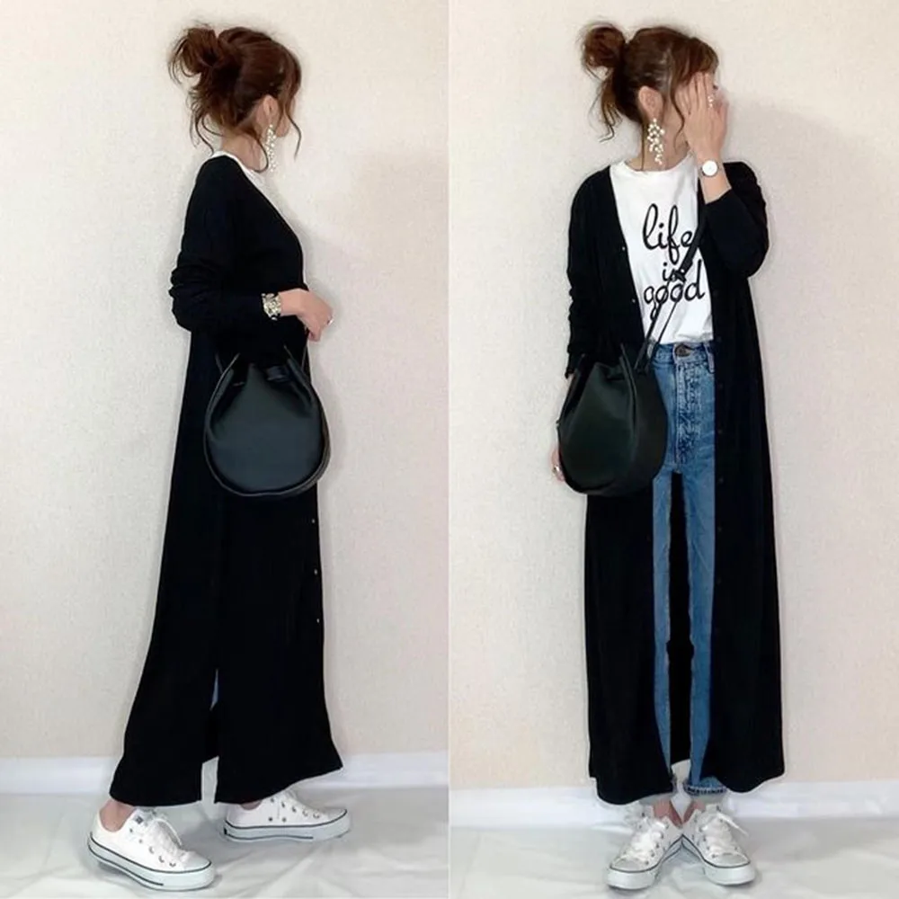 

Women Long Cardigans Autumn Black Solid Color Lady Girl Wear 2021 Hot Wear Female Japan Style Women Cardigan