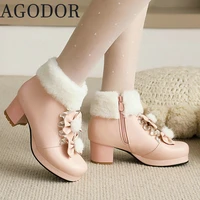 agodor women lolita ankle boots fur platofrm chunky heel women winter shoes withe bow tie white booties pink shoes