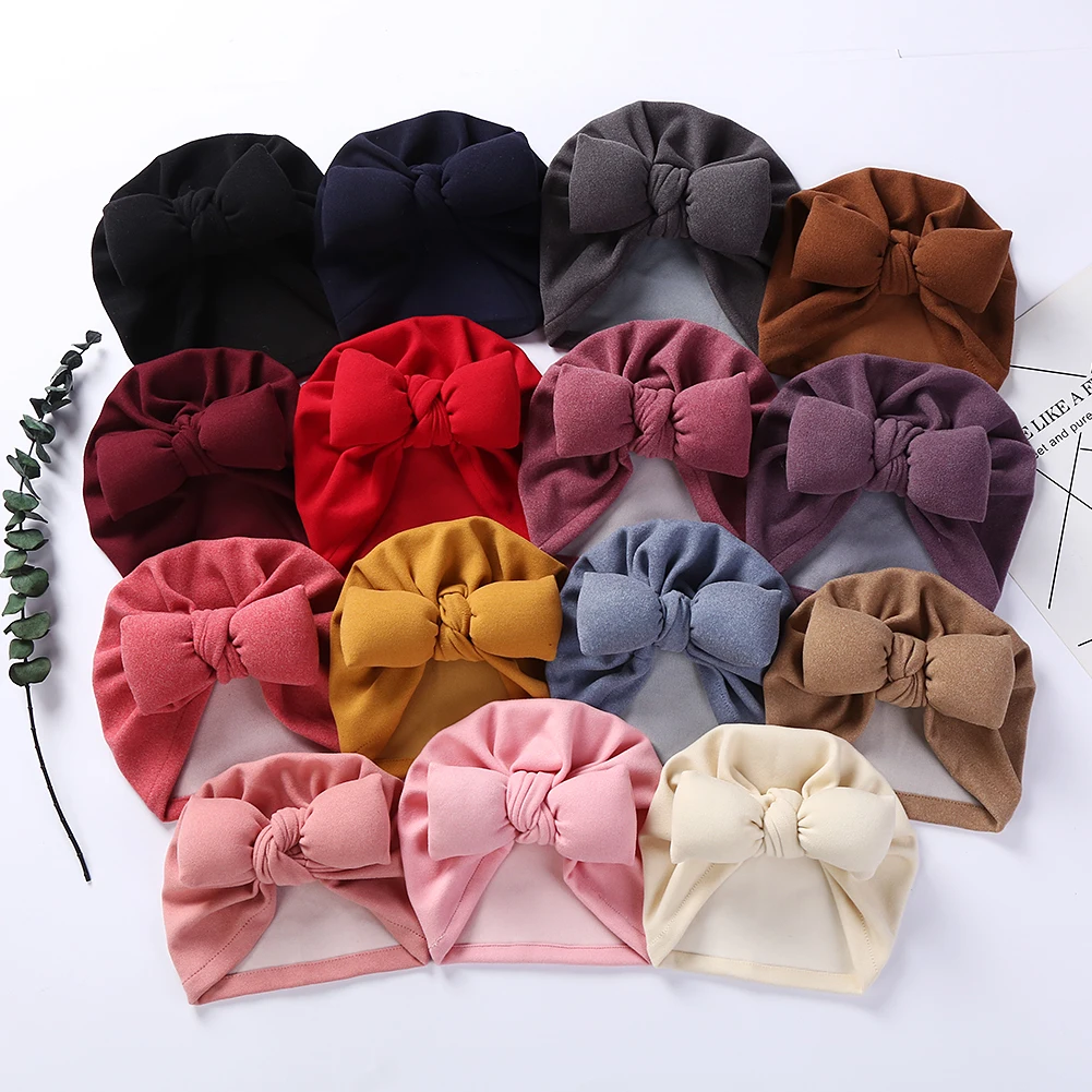 Boutique Faux Cashmere Baby Hat Warm Autumn Winter Beanies Solid Bow Topknot Bonnet Infant Boys Girls Caps New Turban Headwraps