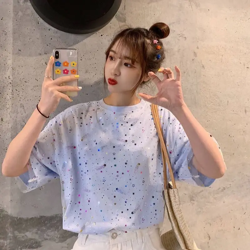 

T-shirt female star sequined mesh stitching Korean version loose and thin net celebrity top